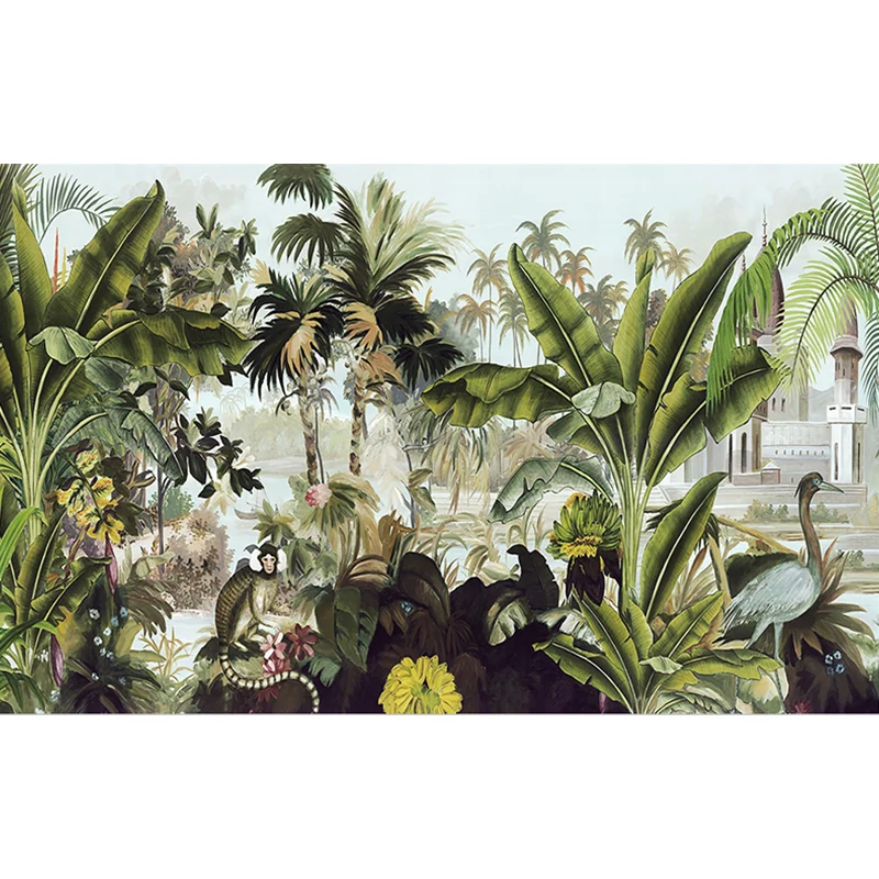 Fototapete „Tropical Plant Manor“, grüne, schmutzabweisende Wandverkleidung für das Wohnzimmer Clearhalo