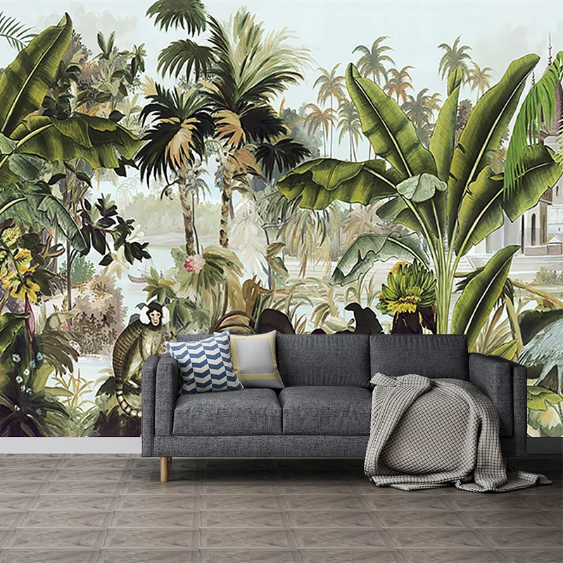 Fototapete „Tropical Plant Manor“, grüne, schmutzabweisende Wandverkleidung für das Wohnzimmer Clearhalo