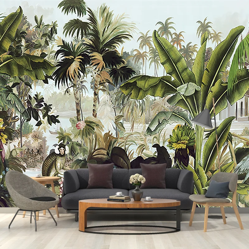 Fototapete „Tropical Plant Manor“, grüne, schmutzabweisende Wandverkleidung für das Wohnzimmer Clearhalo