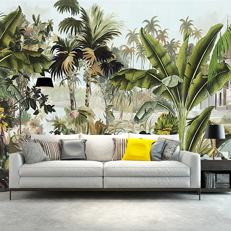 Fototapete „Tropical Plant Manor“, grüne, schmutzabweisende Wandverkleidung für das Wohnzimmer Clearhalo