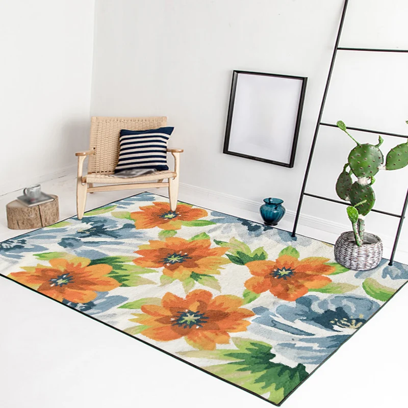 Französischer Landhaus-Wohnzimmerteppich Blau und Orange mit Blumendruck, waschbarer Polyester-Teppich für Haustiere Clear...