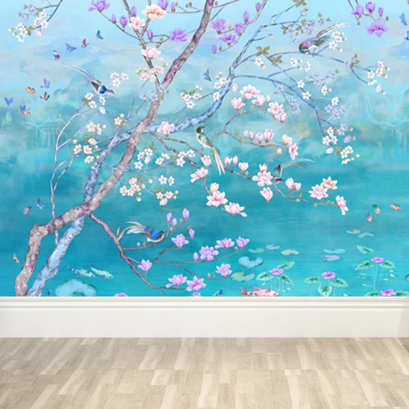 Frühlingsblüten-Lotusteich-Wandgemälde, moderne, wasserdichte Schlafzimmer-Wandverkleidung, maßgeschneidert Clearhalo