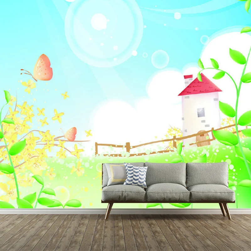 Frühlingslandschaft-Turm-Wandbild-Tapete, Cartoon-Vliesstoff-Wandkunst Blaugrün Clearhalo