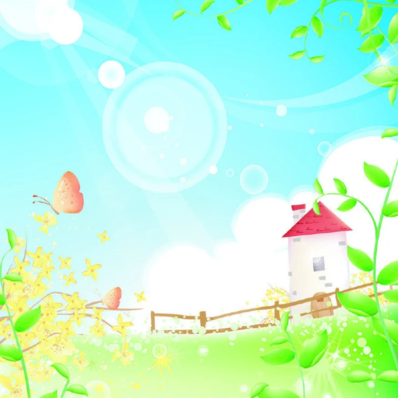 Frühlingslandschaft-Turm-Wandbild-Tapete, Cartoon-Vliesstoff-Wandkunst Blaugrün Clearhalo
