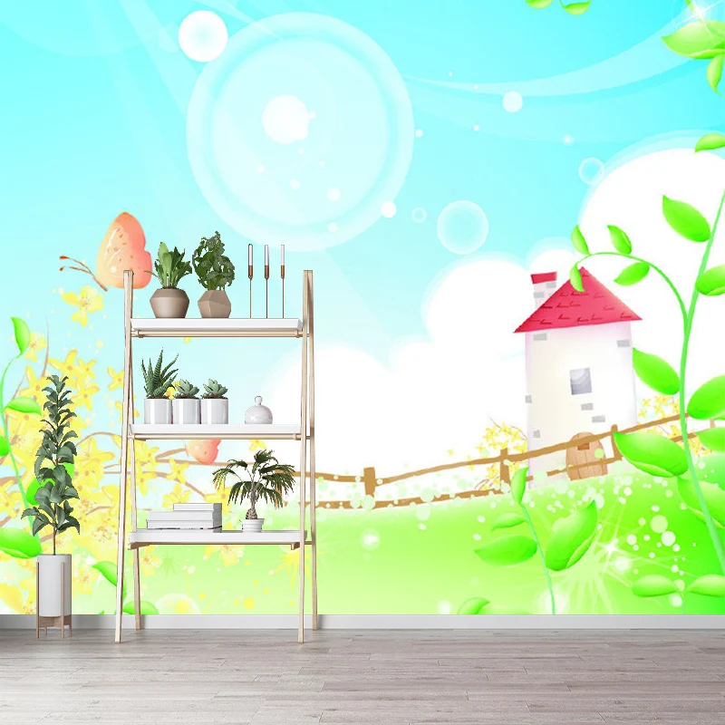 Frühlingslandschaft-Turm-Wandbild-Tapete, Cartoon-Vliesstoff-Wandkunst Blaugrün Clearhalo