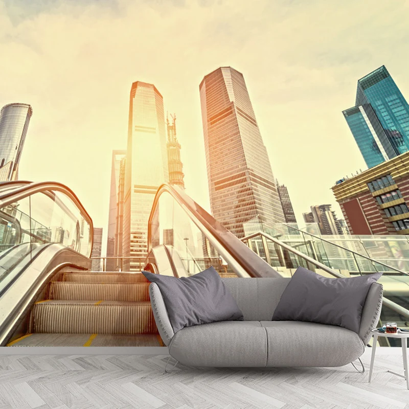 Full Elevator and Skyscrapers Mural Brown Non-Woven Fabric Wall Covering Office Room, Custom-Made Clearhalo