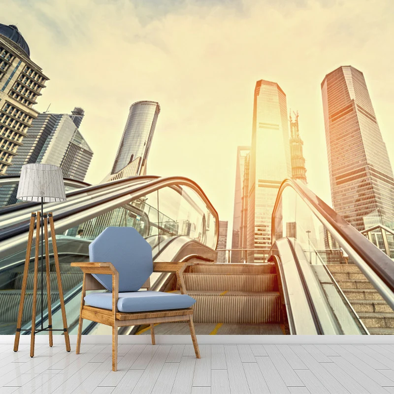 Full Elevator and Skyscrapers Mural Brown Non-Woven Fabric Wall Covering Office Room, Custom-Made Clearhalo