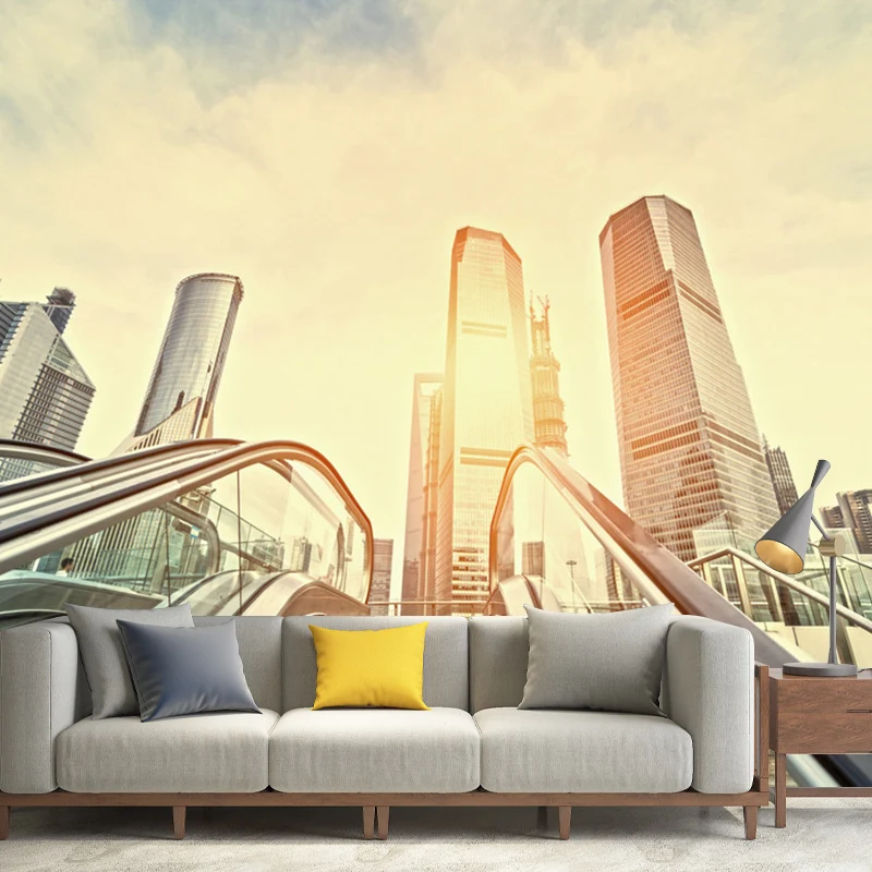 Full Elevator and Skyscrapers Mural Brown Non-Woven Fabric Wall Covering Office Room, Custom-Made Clearhalo