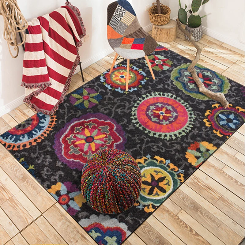 Funky Floral Vine Circle Teppich Schwarz, Bohemian-Teppich, Polyester-Teppich mit rutschfester Rückseite für Schlafzimmer...