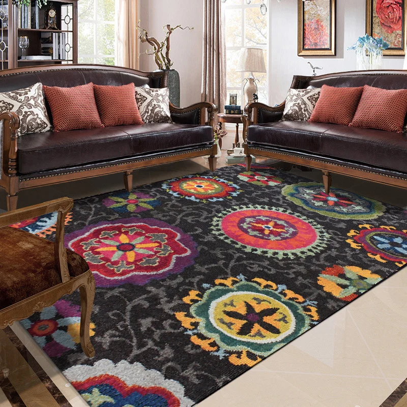 Funky Floral Vine Circle Teppich Schwarz, Bohemian-Teppich, Polyester-Teppich mit rutschfester Rückseite für Schlafzimmer...