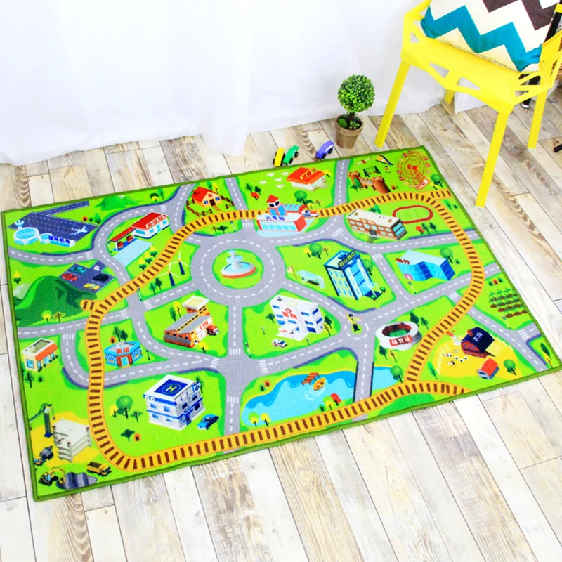Funky Road-Muster-Teppich mit gebäudegrünem und grauem Kinderteppich, Polyester, haustierfreundlich, waschbar, rutschfeste...