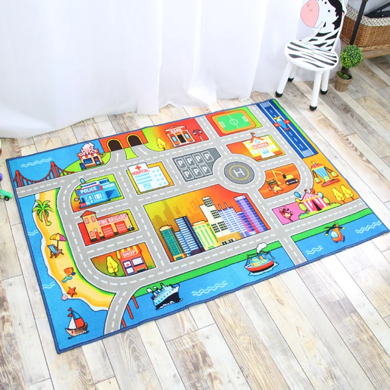 Funky Road-Muster-Teppich mit gebäudegrünem und grauem Kinderteppich, Polyester, haustierfreundlich, waschbar, rutschfeste...