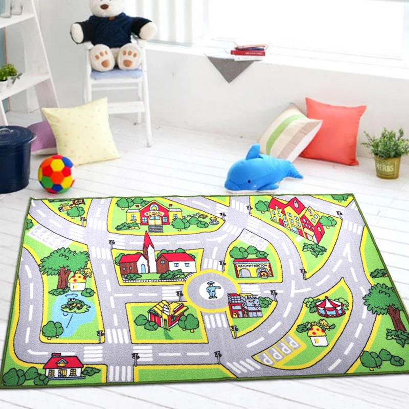 Funky Road-Muster-Teppich mit gebäudegrünem und grauem Kinderteppich, Polyester, haustierfreundlich, waschbar, rutschfeste...