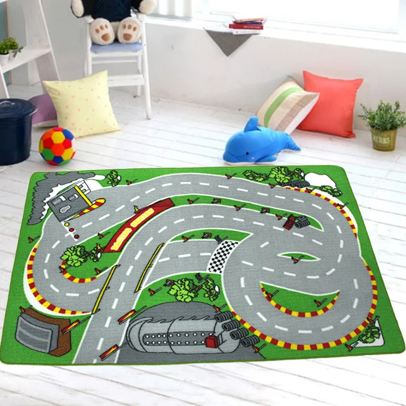 Funky Road-Muster-Teppich mit gebäudegrünem und grauem Kinderteppich, Polyester, haustierfreundlich, waschbar, rutschfeste...