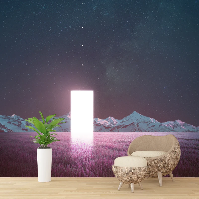Futuristisches Nacht-Lavendelfeld-Wandbild, rosa-blaue Zeitreise-Wandverkleidung für Schlafzimmer Clearhalo