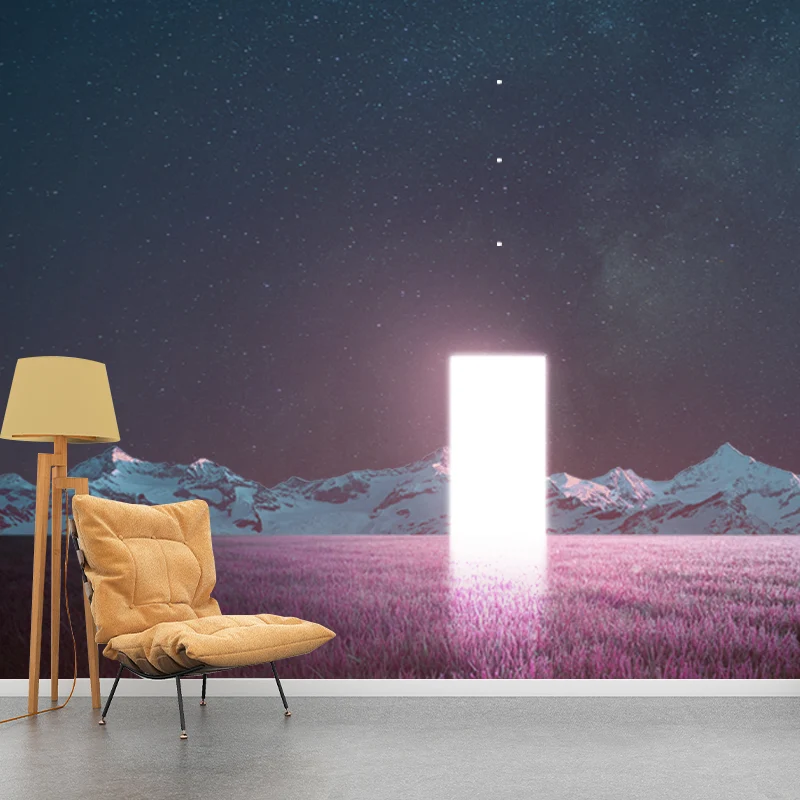 Futuristisches Nacht-Lavendelfeld-Wandbild, rosa-blaue Zeitreise-Wandverkleidung für Schlafzimmer Clearhalo