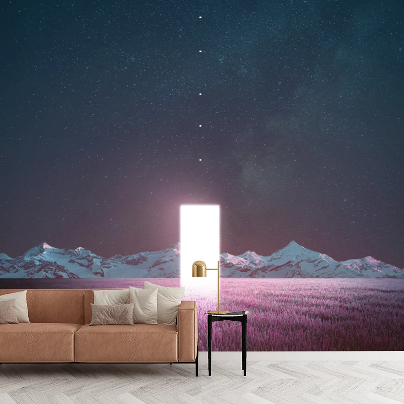 Futuristisches Nacht-Lavendelfeld-Wandbild, rosa-blaue Zeitreise-Wandverkleidung für Schlafzimmer Clearhalo