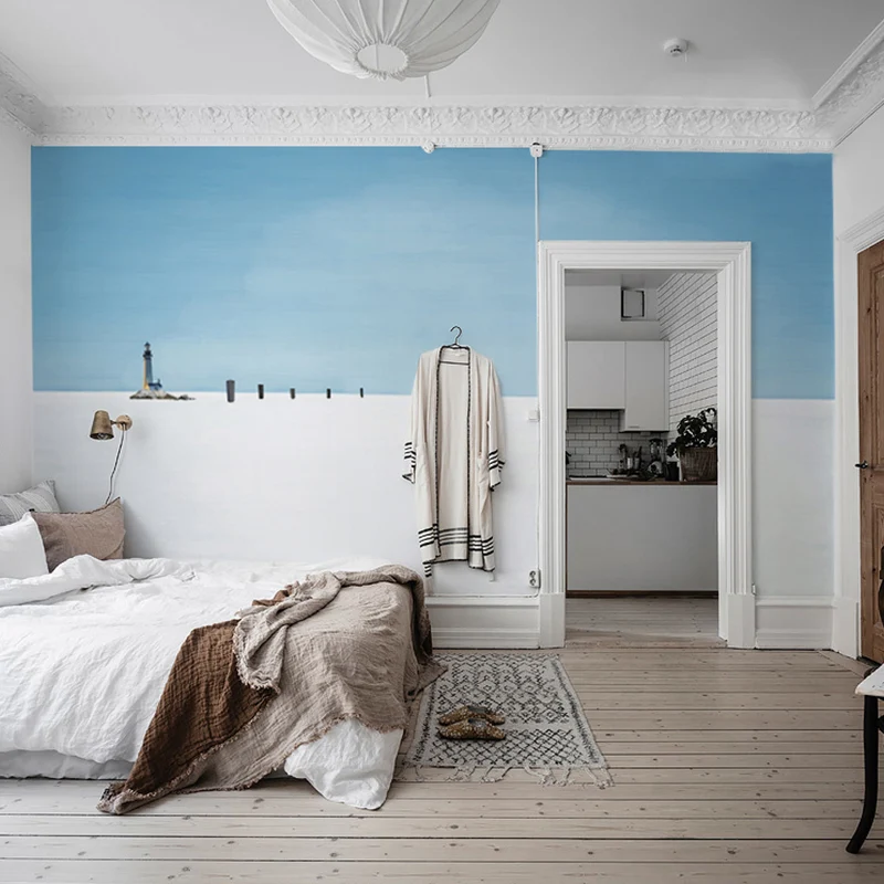 Ganze Fotografie Einfaches Wandbild für Akzentwand mit Leuchtturm- und Himmelsdesign Blau und Weiß Clearhalo