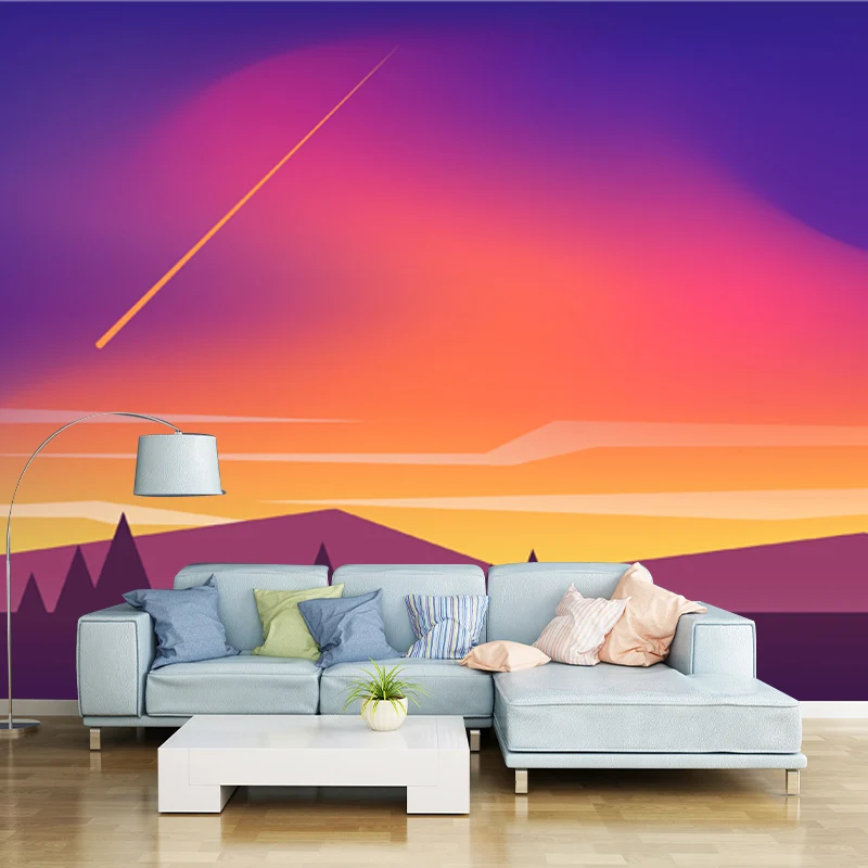 Ganzer Berg-Meteorschauer-Wandbild für Schlafzimmer, Nachtlandschaft, Wandkunst Gelb-Blau, waschbar Clearhalo