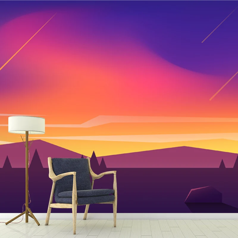 Ganzer Berg-Meteorschauer-Wandbild für Schlafzimmer, Nachtlandschaft, Wandkunst Gelb-Blau, waschbar Clearhalo
