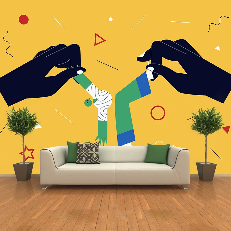 Gelbe, moderne Tapete, große handmanipulierte Marionetten-Wandkunst für das Wohnzimmer Clearhalo
