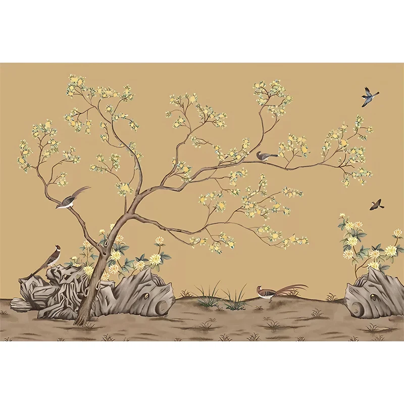 Gelbe nostalgische Wandkunst, extra große Vogel- und Blumenwandtapete für die Küche Clearhalo