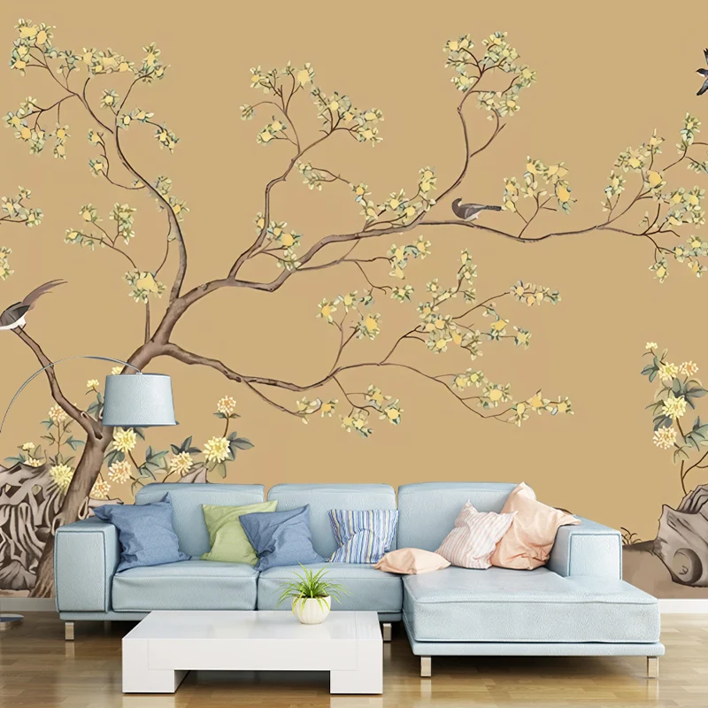 Gelbe nostalgische Wandkunst, extra große Vogel- und Blumenwandtapete für die Küche Clearhalo