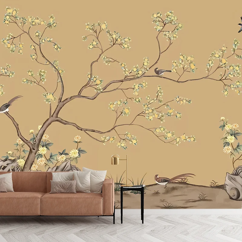 Gelbe nostalgische Wandkunst, extra große Vogel- und Blumenwandtapete für die Küche Clearhalo