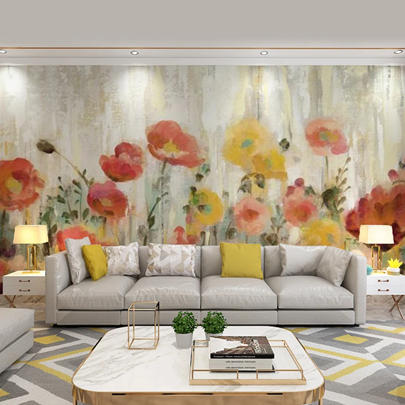 Gelbe und rote tropische Wandverkleidung mit Wald- und Blumenmuster als Wandverkleidung für die Inneneinrichtung Clearhalo