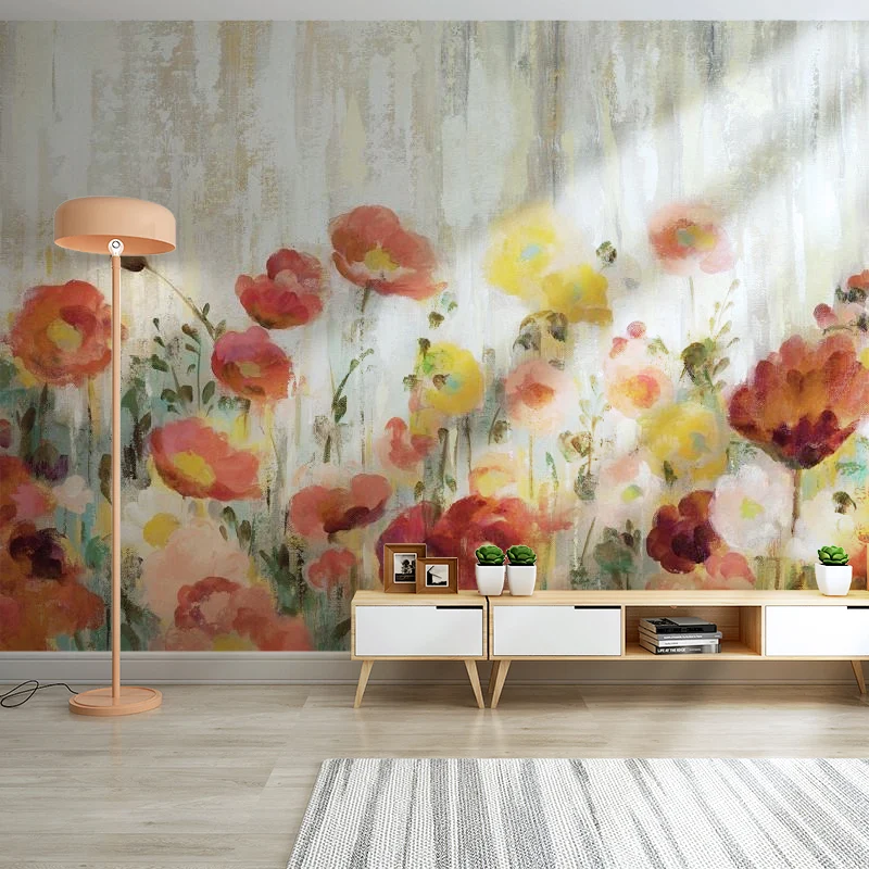 Gelbe und rote tropische Wandverkleidung mit Wald- und Blumenmuster als Wandverkleidung für die Inneneinrichtung Clearhalo