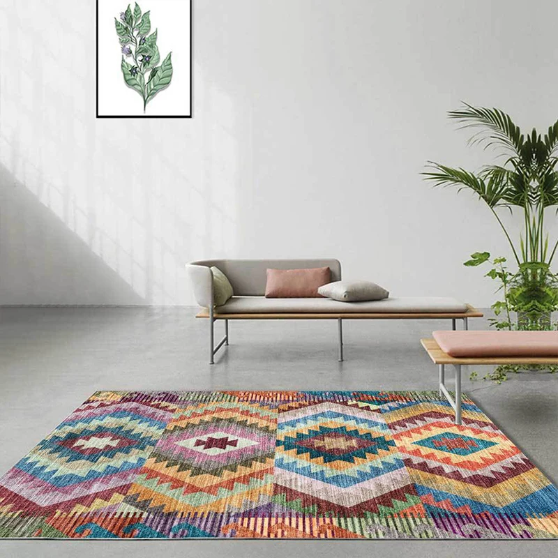 Gelber mehrfarbiger Stammesteppich aus Polyester mit geometrischem Muster, waschbarer, rutschfester Teppich für das Wohnzi...