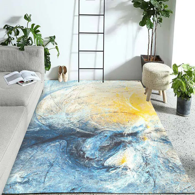 Gelber und blauer zeitgenössischer Teppich aus Polyester mit Aquarellmuster, rutschfeste Rückseite, waschbarer Teppich für...