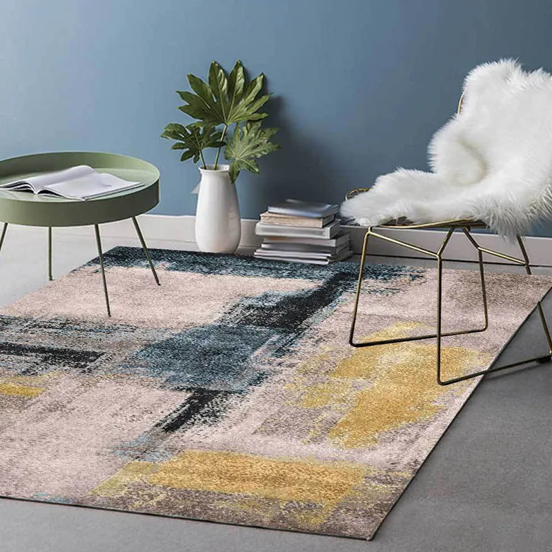 Gelber und grauer Industrieteppich, Polyester-Pinselstrich-Teppich, waschbarer, rutschfester Teppich für das Wohnzimmer Cl...