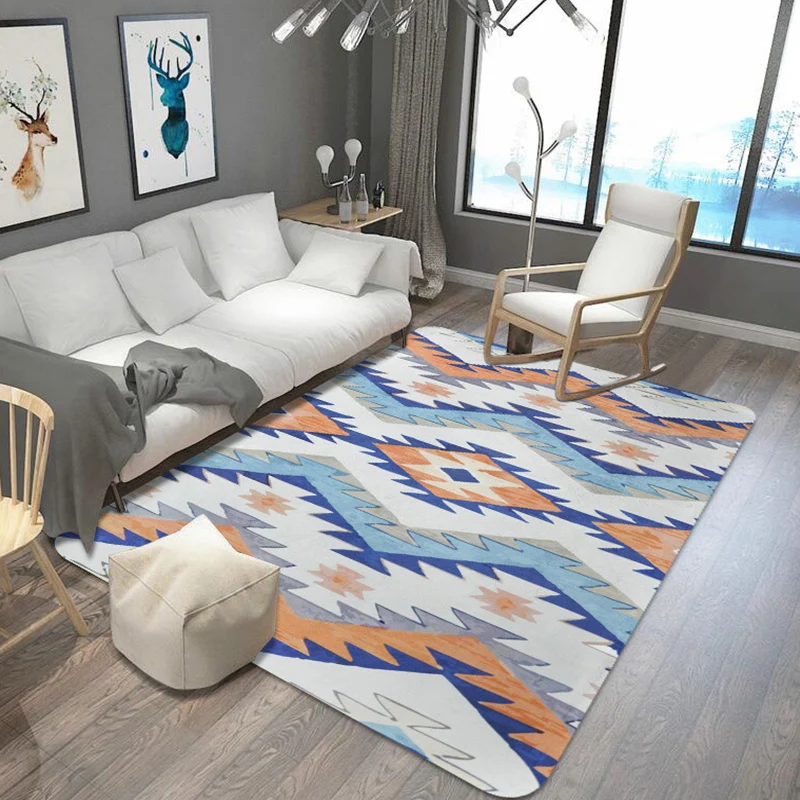 Gestreifter Aztec Tokens Tribal-Teppich Orange und Blau. Synthetischer, rutschfester, haustierfreundlicher Teppich für das...