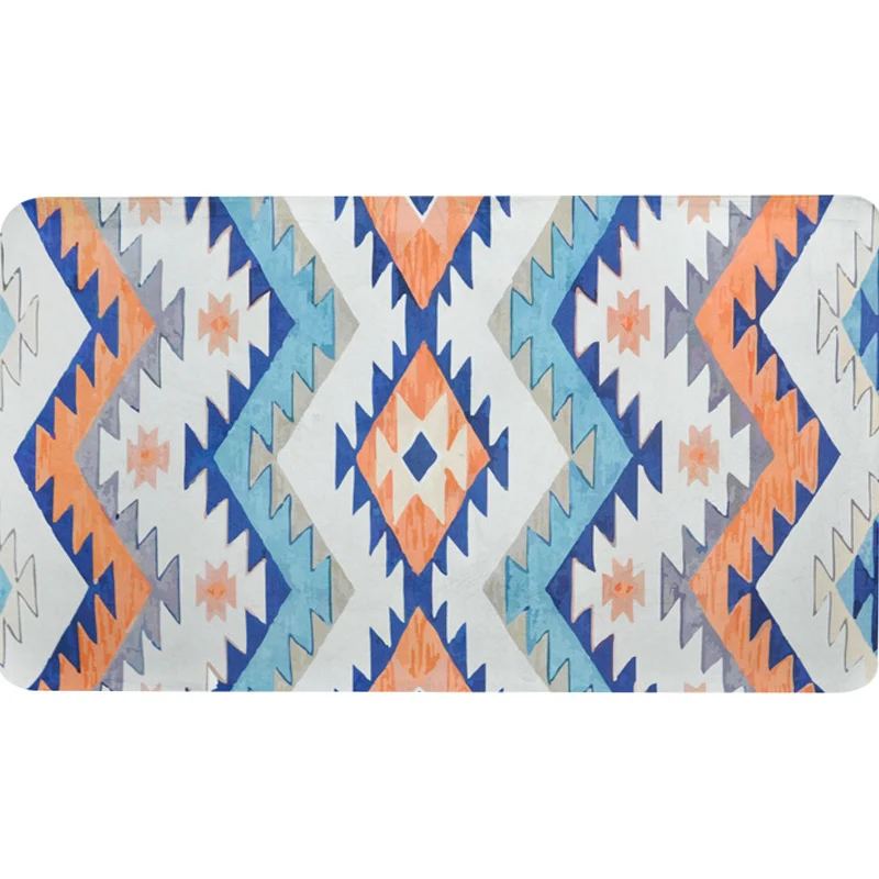 Gestreifter Aztec Tokens Tribal-Teppich Orange und Blau. Synthetischer, rutschfester, haustierfreundlicher Teppich für das...