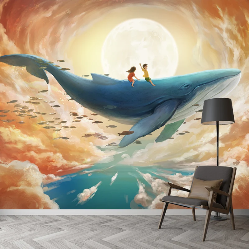 Glatte ganze gelb-blaue Wandgemälde für Kinder, Kunst, Kinderausflug mit Wal unter Supermond, Wandverkleidung, maßgeschnei...
