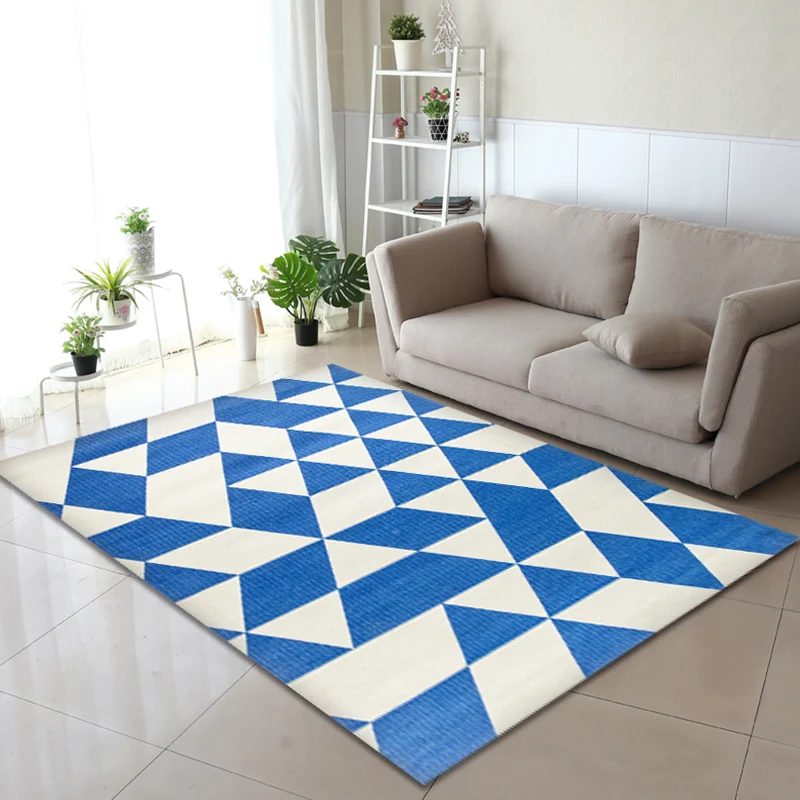 Gold- und blauer Schlafzimmerteppich, moderner Teppich mit geometrischem Muster, waschbarer Polyester-Teppich mit rutschfe...