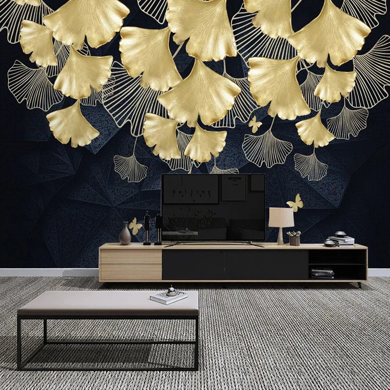 Goldene Ginkgo-Wandverkleidung, schmutzabweisende Fototapete für das Wohnzimmer Clearhalo