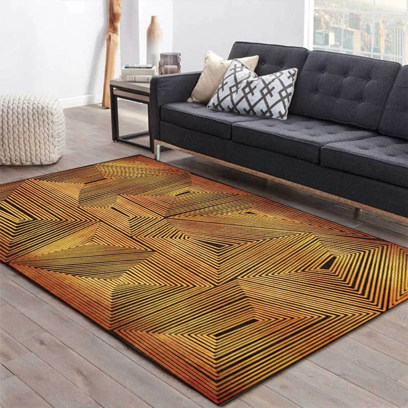 Goldener nordischer Teppich, Polyester-Streifenmuster-Teppich, waschbarer, rutschfester Teppich für das Wohnzimmer Clearhalo