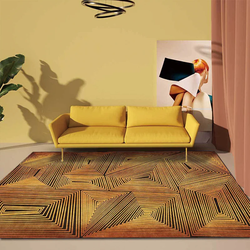 Goldener nordischer Teppich, Polyester-Streifenmuster-Teppich, waschbarer, rutschfester Teppich für das Wohnzimmer Clearhalo