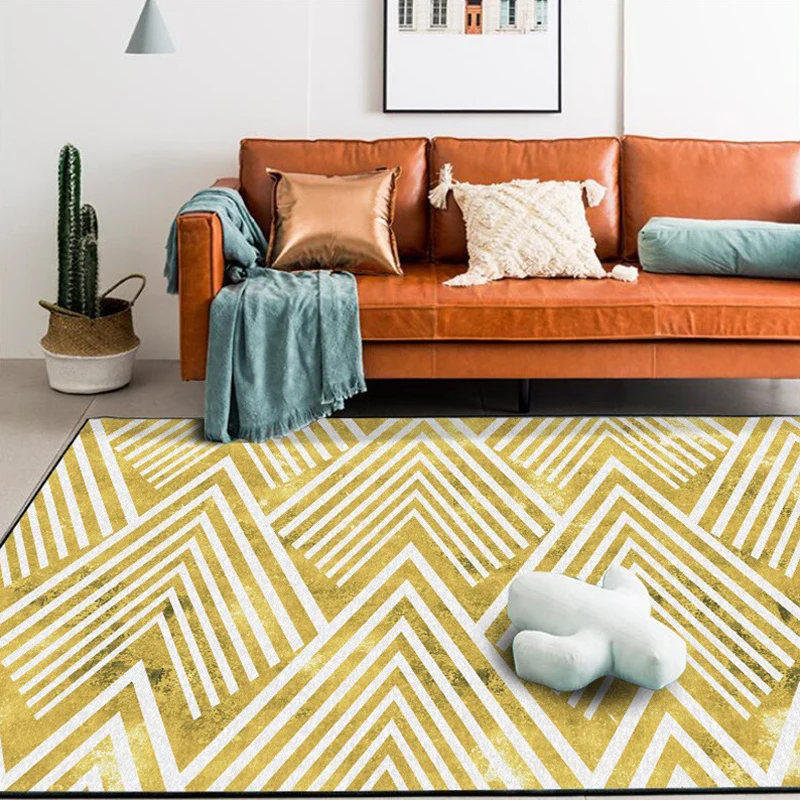 Goldfarbener Schlafzimmerteppich mit geometrischem Bergstreifenmuster, Polyester, haustierfreundlich, waschbarer Teppich C...