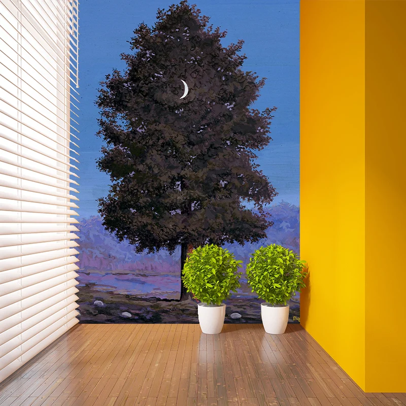 Grau-blaue surrealistische Wandtapete, großer zunehmender Mond, zum Aufhängen im Baum, Gemälde, Wanddekoration für Zuhause...
