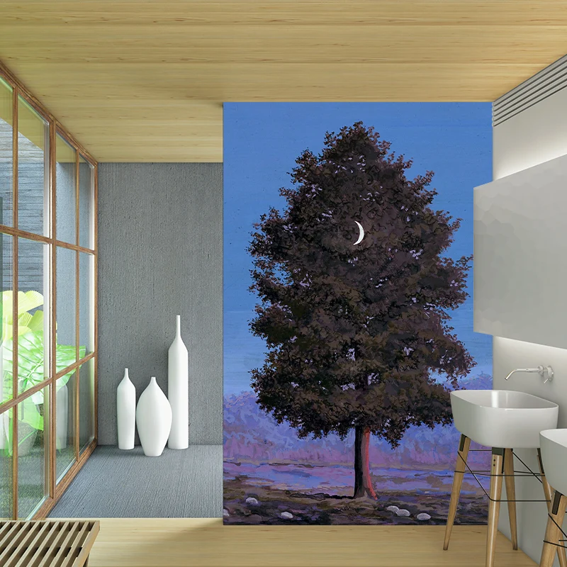Grau-blaue surrealistische Wandtapete, großer zunehmender Mond, zum Aufhängen im Baum, Gemälde, Wanddekoration für Zuhause...