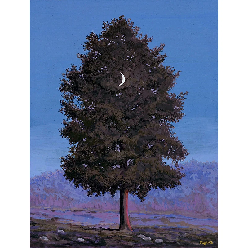 Grau-blaue surrealistische Wandtapete, großer zunehmender Mond, zum Aufhängen im Baum, Gemälde, Wanddekoration für Zuhause...