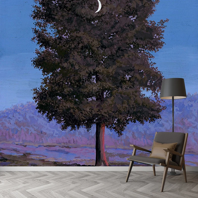 Grau-blaue surrealistische Wandtapete, großer zunehmender Mond, zum Aufhängen im Baum, Gemälde, Wanddekoration für Zuhause...
