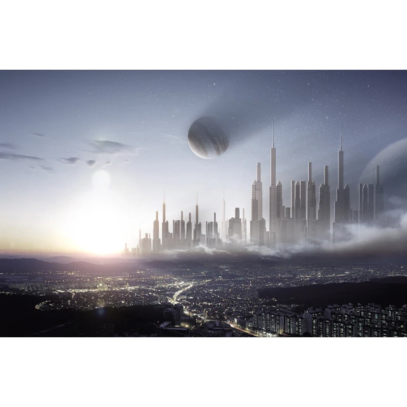Grau-blauer Future Metropolis-Wandaufkleber, schmutzabweisend, Science-Fiction-Schlafzimmer-Wandkunst Clearhalo