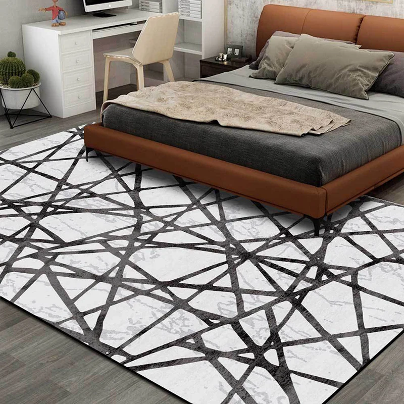 Grauer Schlafzimmerteppich mit geometrischem Linienmuster, rutschfester, waschbarer Teppich aus Polyester Clearhalo