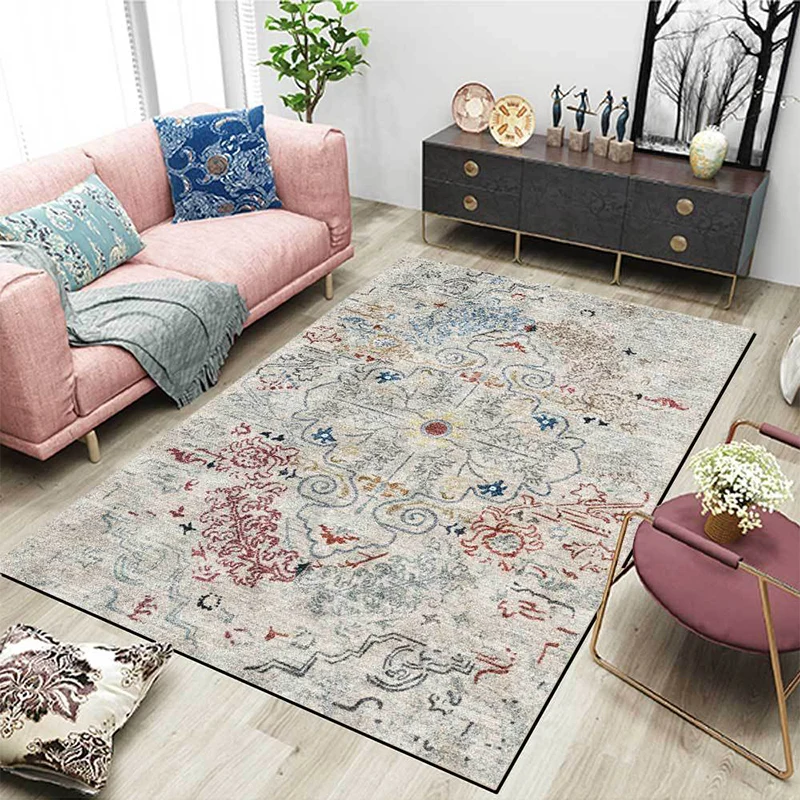 Grauer Shabby-Chic-Teppich aus Polyester mit Medaillonmuster, maschinenwaschbarer, rutschfester Teppich für das Wohnzimmer...