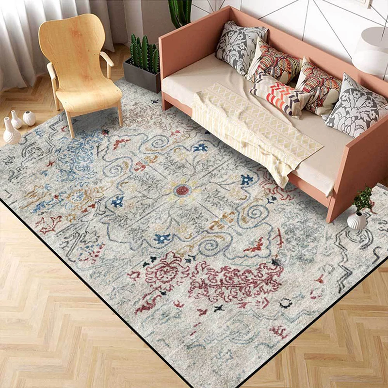 Grauer Shabby-Chic-Teppich aus Polyester mit Medaillonmuster, maschinenwaschbarer, rutschfester Teppich für das Wohnzimmer...
