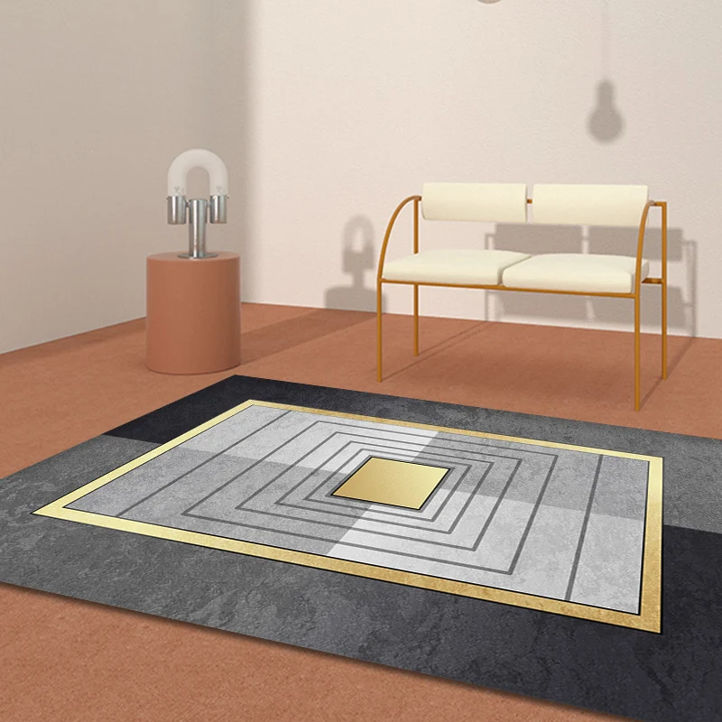 Grauer und kamelfarbener moderner Teppich aus Polyester mit geometrischem Muster und Streifenmuster, haustierfreundlich, w...